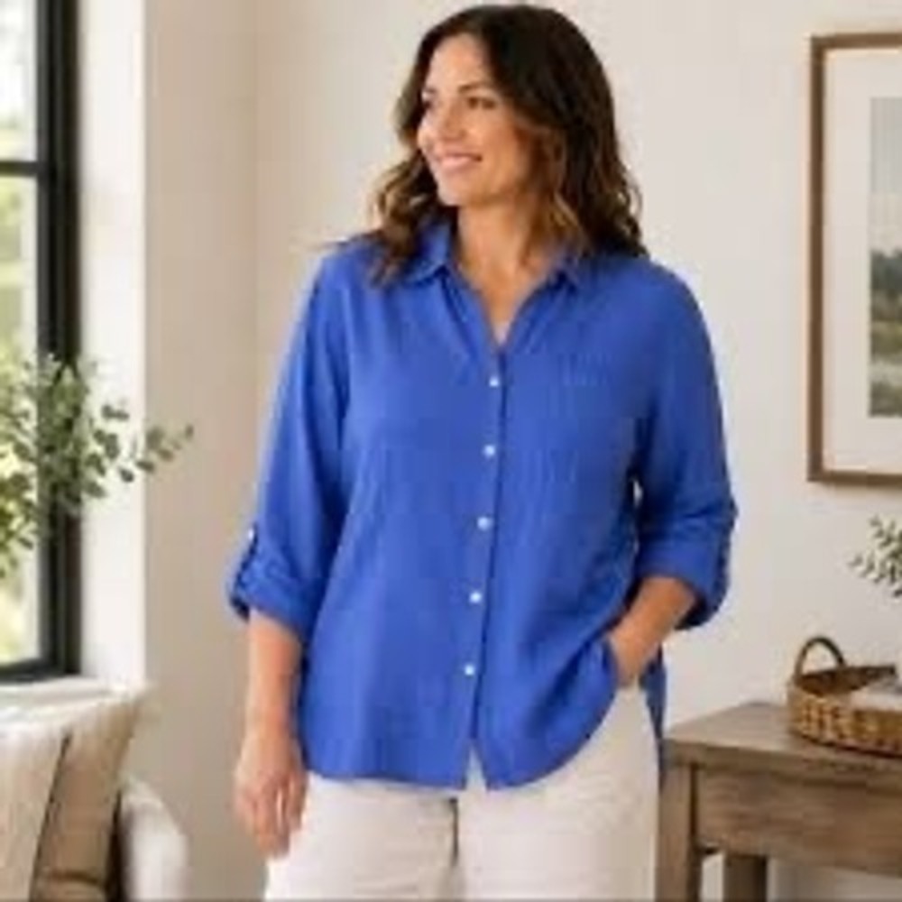 Sigrid Olsen Women's Blue 100% Linen Button Down Shirt Sleeve Size M Retails $90 - Picture 1 of 4